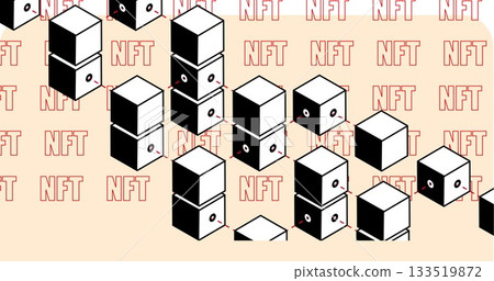 Black-and-white cubes showing red accents in diagonal grid in digital art, with repeating NFT text 133519872