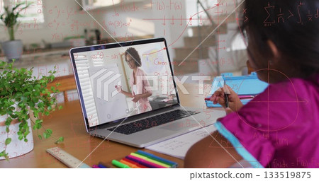 Watching online lesson, girl wearing sleeveless top writing in notebook at home, with laptop pen Watching online lesson, girl wearing sleeveless top writing in notebook at home, with laptop pen 133519875