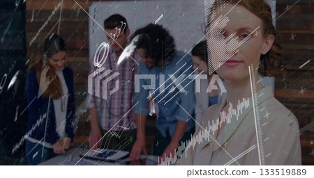 Presenting woman in beige shirt leading discussion at office boardroom with tablet, copy space 133519889