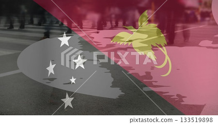 Walking pedestrians wearing jeans crossing asphalt zebra crossing, with PNG flag overlay Walking pedestrians wearing jeans crossing asphalt zebra crossing, with PNG flag overlay 133519898