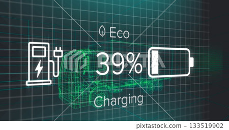Wireframe electric truck charging in grid, with Eco icon showing 39% battery icon and station icon Wireframe electric truck charging in grid, with Eco icon showing 39% battery icon and station icon 133519902
