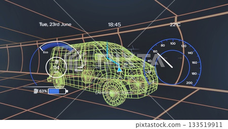 Showing van in orange tunnel with eco gauge battery icon, speed or nav indicators, overlays Showing van in orange tunnel with eco gauge battery icon, speed or nav indicators, overlays 133519911