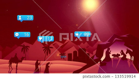 Kneeling family holding infant beside manger under star beam over desert, notifications, copy space Kneeling family holding infant beside manger under star beam over desert, notifications, copy space 133519914