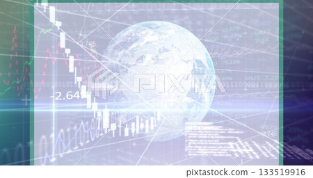 Displaying 3D globe floating over financial dashboard, with line graphs, candlestick bars and code 133519916