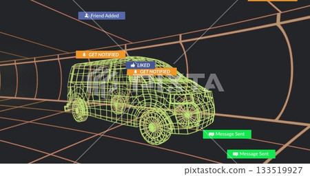Spinning 3D van in grid tunnel with UI notifications Friend Added or Get Notified or Liked or Messag Spinning 3D van in grid tunnel with UI notifications Friend Added or Get Notified or Liked or Messag 133519927