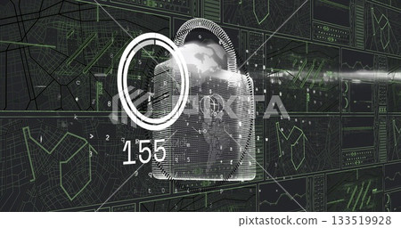 Hovering pixelated padlock icon overlaying virtual security dashboard, showing globe and map grids Hovering pixelated padlock icon overlaying virtual security dashboard, showing globe and map grids 133519928