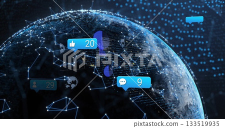 Displaying 3D globe showing network mesh in data space, with thumbs-up chat bubble user icons 133519935