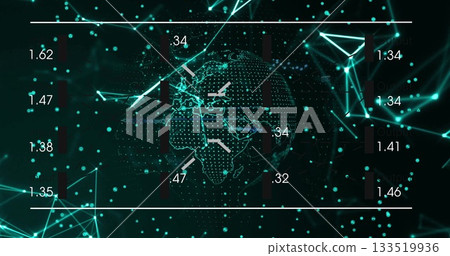 Displaying 3D wireframe globe spinning at virtual data network field, with white connecting lines Displaying 3D wireframe globe spinning at virtual data network field, with white connecting lines 133519936