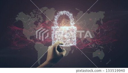 Showing hand interacting with digital padlock over world map, with node connections and red streams Showing hand interacting with digital padlock over world map, with node connections and red streams 133519940