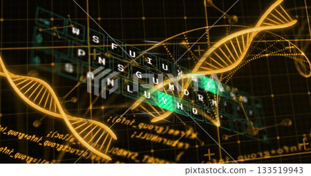 Floating random-letter keyboard grid hovering in data network with DNA helix and circuit chip Floating random-letter keyboard grid hovering in data network with DNA helix and circuit chip 133519943