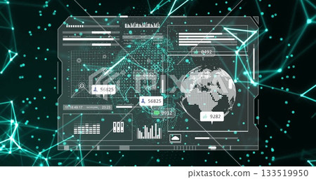 Projecting interface panel displaying data overlays in network backdrop with map grid and callouts Projecting interface panel displaying data overlays in network backdrop with map grid and callouts 133519950