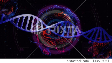 Screen showing glowing DNA helix on digital display, with HUD overlays, contour and grid markers 133519951