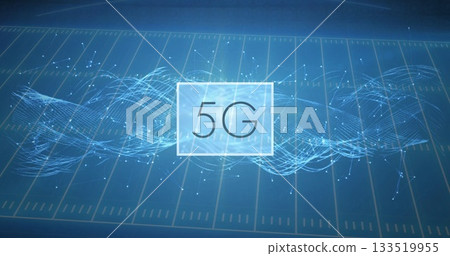 Highlighting white frame showing 5G text in digital data grid, with light-blue particle waveforms 133519955