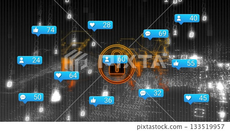Displaying padlock with user badge 60 on digital grid, social badges, binary code, circuitry lines 133519957