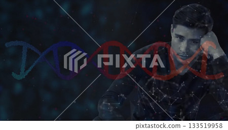 Leaning Pacific Islander man on hand at virtual lab, DNA helix and network nodes, copy space 133519958