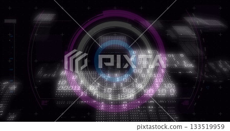 Overlaying digital display, circular interface featuring concentric rings and binary code grid Overlaying digital display, circular interface featuring concentric rings and binary code grid 133519959