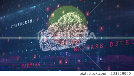 Floating stylized data cloud glowing over 3D grid plane, with red warning text and floating code 133519960