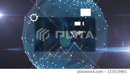 Displaying fingerprint padlock icon on wireframe sphere in cyberspace with data grid and line chart 133519961