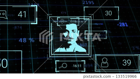 Scanning pixelated male silhouette undergoing biometric scan on UI grid with nested detection boxes Scanning pixelated male silhouette undergoing biometric scan on UI grid with nested detection boxes 133519966