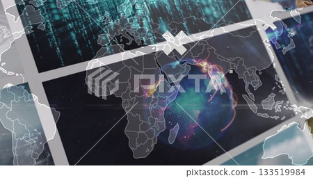 Displaying holographic globe and world map on flat screens at control desk, with code streams Displaying holographic globe and world map on flat screens at control desk, with code streams 133519984