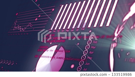 Showing bar chart of monthly data on dashboard with floating code snippets, particles, lens flare Showing bar chart of monthly data on dashboard with floating code snippets, particles, lens flare 133519986