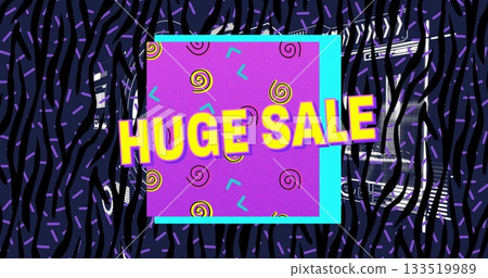 Displaying bold yellow huge sale on purple turquoise squares in website banner with zebra stripes Displaying bold yellow huge sale on purple turquoise squares in website banner with zebra stripes 133519989