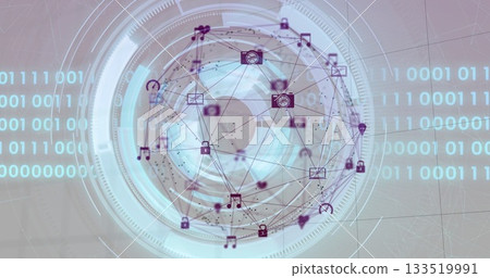 Floating 3D sphere connecting icons on UI, with padlock, camera, music, envelope, pin, headset Floating 3D sphere connecting icons on UI, with padlock, camera, music, envelope, pin, headset 133519991
