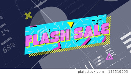 Displaying cyan banner showing pink FLASH SALE text in sale graphic, with charts, confetti shapes 133519993