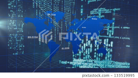 Displaying stylized world map silhouette over 3D grid in holographic display, with code streams Displaying stylized world map silhouette over 3D grid in holographic display, with code streams 133519995