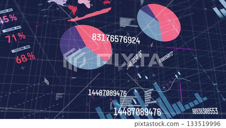 Large multicolored pie chart displaying data in dashboard, with world map heatmap, copy space 133519996