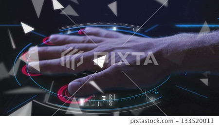 Hovering forearm and hand clad in dark shirt controlling holographic controls in lab, with shards Hovering forearm and hand clad in dark shirt controlling holographic controls in lab, with shards 133520011