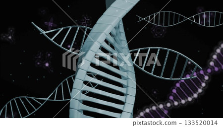 Showing blue-gray DNA helix floating in digital space, with purple-white helix and glowing clusters 133520014