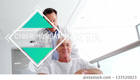 Doctor guiding patient in wheelchair hospital hallway, with gown stethoscope handrail sale graphic 133520023