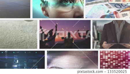 Showing collage with friends holding sparklers at sunset and businessperson holding tablet 133520025