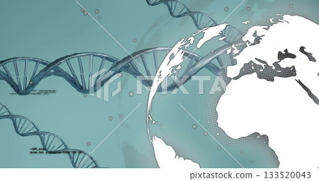 Displaying DNA double helix strands across teal, with globe silhouette, code snippets and particles Displaying DNA double helix strands across teal, with globe silhouette, code snippets and particles 133520043