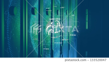 Projecting data rings and codes, hologram interface lighting server room racks with green blue glow 133520047