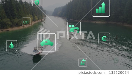 Speeding powerboat towing wakeboarder wearing life vest across lake, with green icons, copy space Speeding powerboat towing wakeboarder wearing life vest across lake, with green icons, copy space 133520054