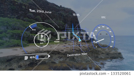 Displaying HUD overlay on coastal shore, with Eco gauge, 35 km destination, battery and speed Displaying HUD overlay on coastal shore, with Eco gauge, 35 km destination, battery and speed 133520061