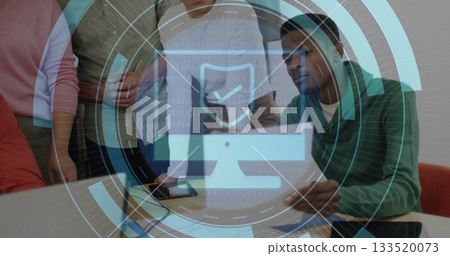 Discussing IT review five professionals analyzing documents at office, with laptops smartphone pens 133520073