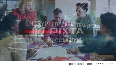 Six professionals collaborating at conference table, with encrypted data transfer overlay 133520078