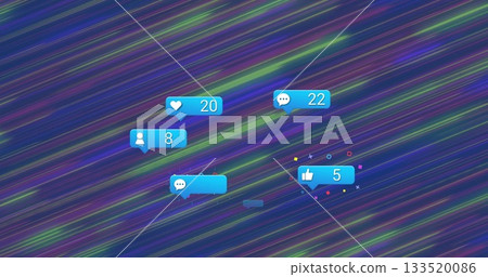 Floating social media counters moving across neon stripes scene, featuring blue icons with counters 133520086