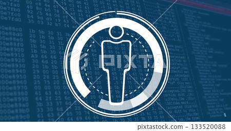Displaying white human icon pulsing in concentric rings on security dashboard, with code overlay 133520088