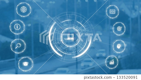 Floating HUD interface over blurred multi-lane highway, with laptop icon and educational tech icons 133520091
