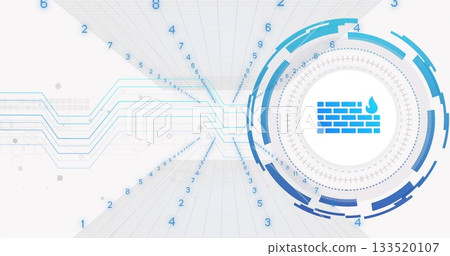 Highlighting firewall icon glowing in circular HUD on grid, digits and circuit lines, copy space Highlighting firewall icon glowing in circular HUD on grid, digits and circuit lines, copy space 133520107
