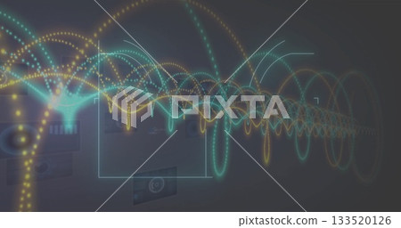 Displaying multicolored waveform arcs and dotted streams across holographic UI, with frames, panels 133520126
