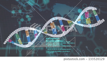 Displaying digital DNA helix graphic with colored blocks on interface, with world map and charts Displaying digital DNA helix graphic with colored blocks on interface, with world map and charts 133520129