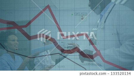 Handing nurse in scrubs passing payment card to white-coated doctor in ward, financial overlay 133520134