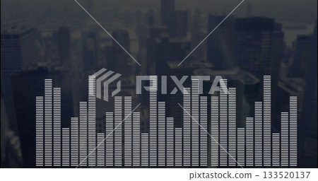 Displaying audio equalizer overlay over metropolitan skyline at dusk, featuring vertical white bars Displaying audio equalizer overlay over metropolitan skyline at dusk, featuring vertical white bars 133520137