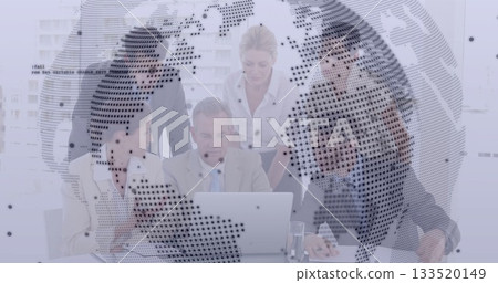Collaborating business team focusing on laptop during office meeting, with digital globe overlay Collaborating business team focusing on laptop during office meeting, with digital globe overlay 133520149
