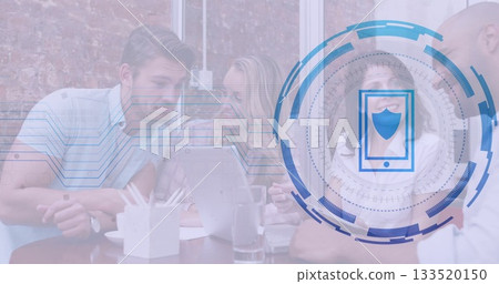 Collaborating team reviewing documents in loft office, with laptop takeout box smartphone overlay Collaborating team reviewing documents in loft office, with laptop takeout box smartphone overlay 133520150